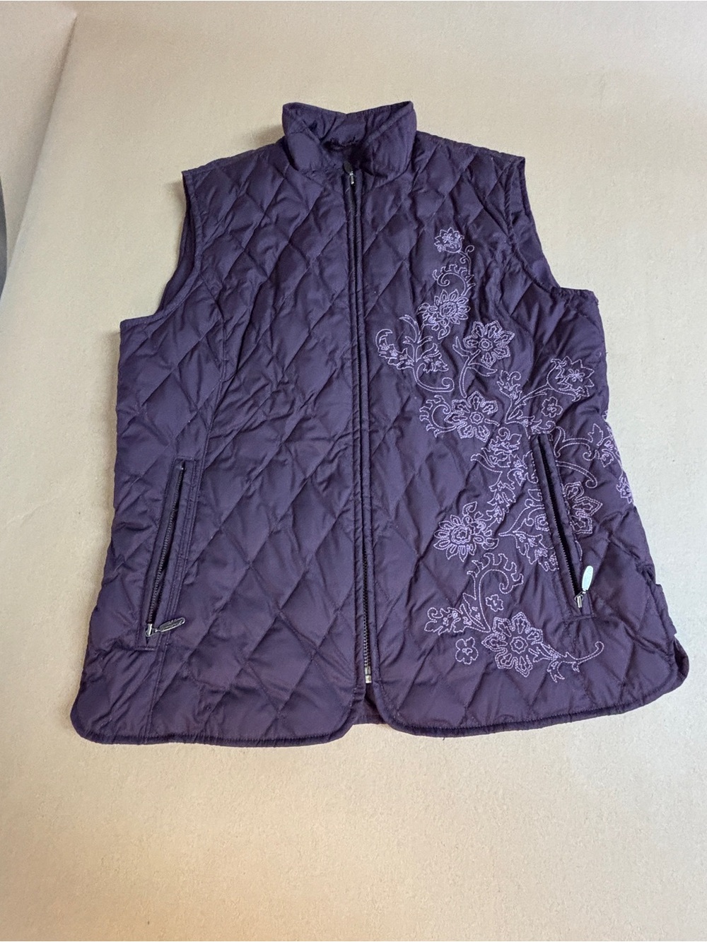 Eddie Bauer Premium Goose Down Vest Plum Purple Embroidered Floral Women’s Small